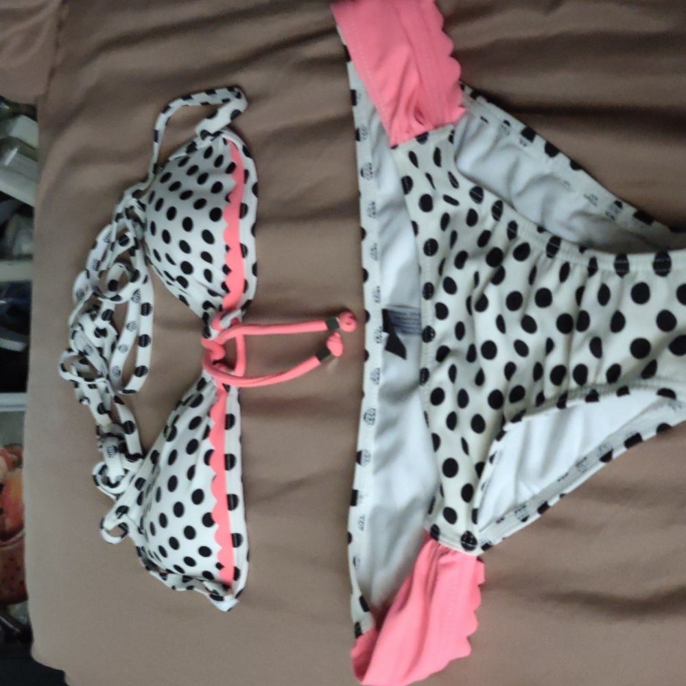 Adore Me black and white polka dot bikini, size S,pink trim